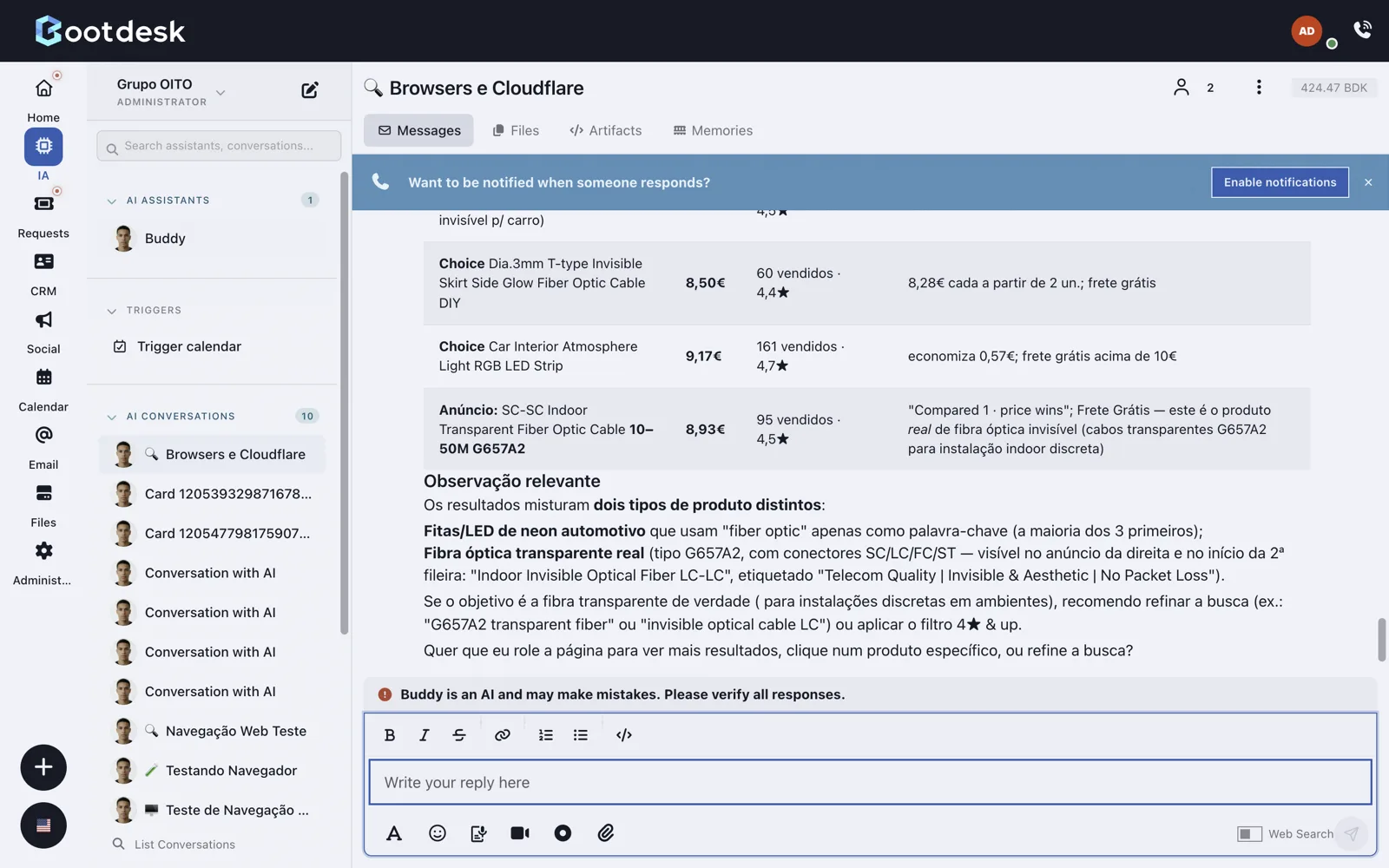 BootDesk workspace: the Buddy AI assistant researching products across the web and answering in the customer's language